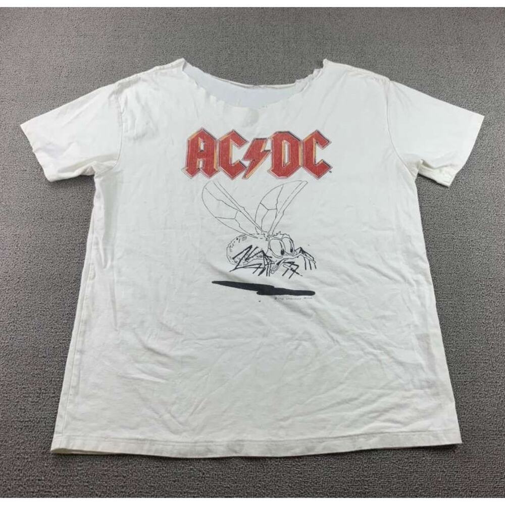AC DC Tee Men L Fly On The Wall 1985 Tour DIY Cut Neck Short Sleeve Band Graphic